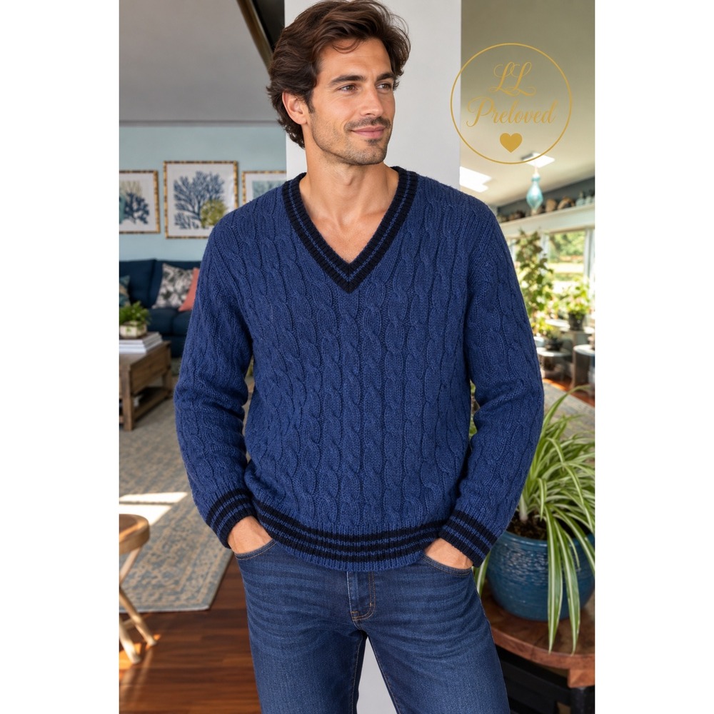 Gap Sweater Mens Large Blue 100% Wool Cable Knit V-Neck Preppy Old Money Vintage